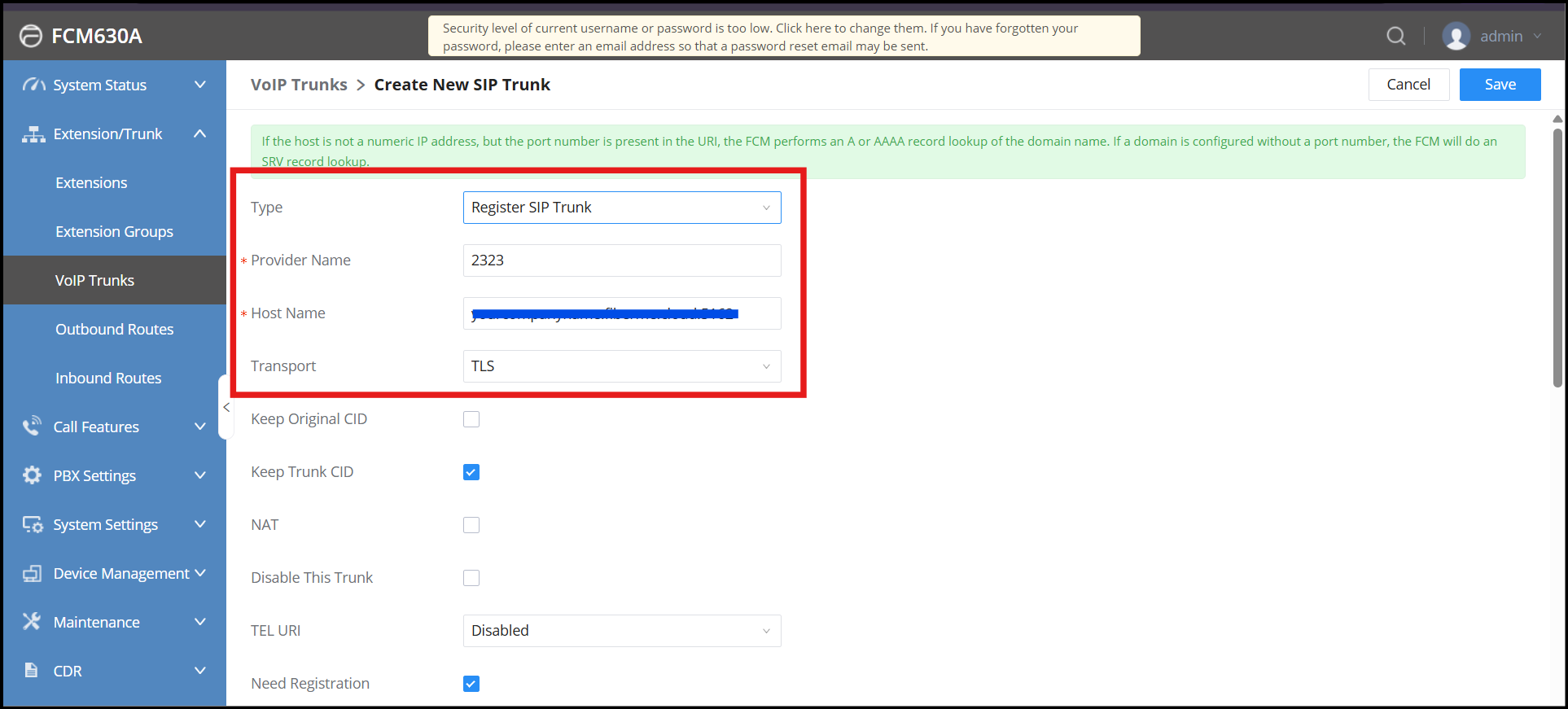 Screenshot: Create SIP Trunk on FCM630A