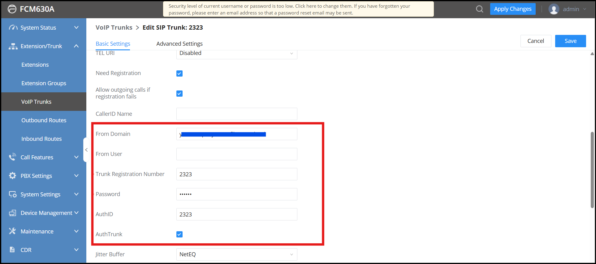 Screenshot: Create SIP Trunk on FCM630A