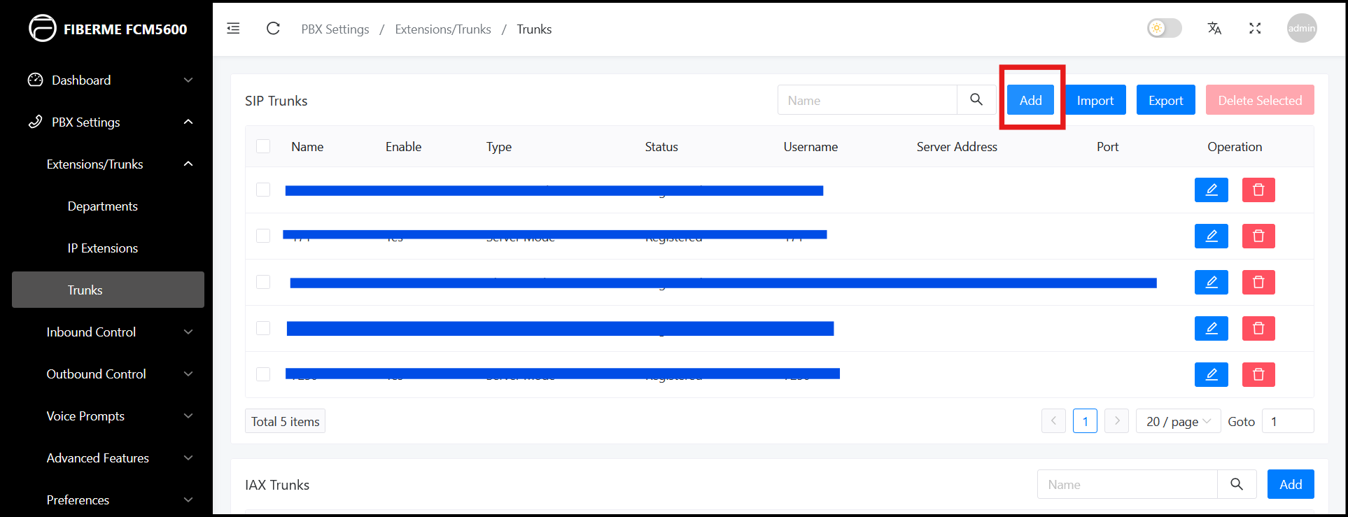 Screenshot: Create SIP Trunk on FCM5600