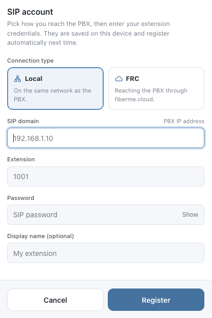 Inicio de sesión de SWING Lite WebRTC, con los tipos de conexión Local y FRC