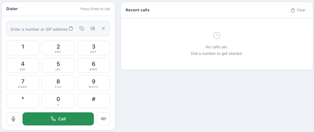 Teclado de marcación y llamadas recientes de SWING Lite WebRTC en un navegador web